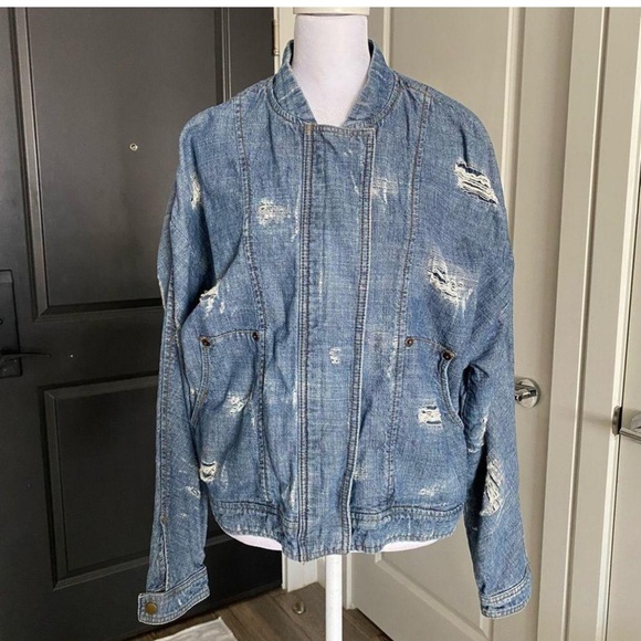 FREE PEOPLE DISTRESSED DENIM BOMBER JACKET - Picture 15 of 15